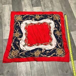 Vintage Equestrian Tack Red Gold Ivory Scarf Large Square 29" Hand Rolled Japan